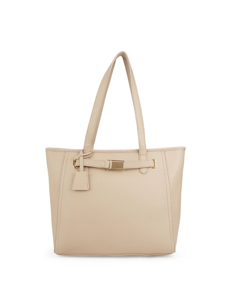 globus Globus Women Beige Textured Buckle Detail Double Workwear Handle Tote Bag